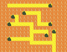 a sandy pixel art landscape viewed from a top-down perspective, with bushes scattered in a mazelike canyon